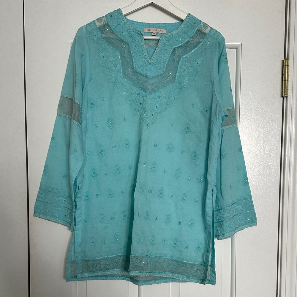 Ritu Kumar Embroidered Sheer Tunic Blouse Blue XL Lightweight Boho